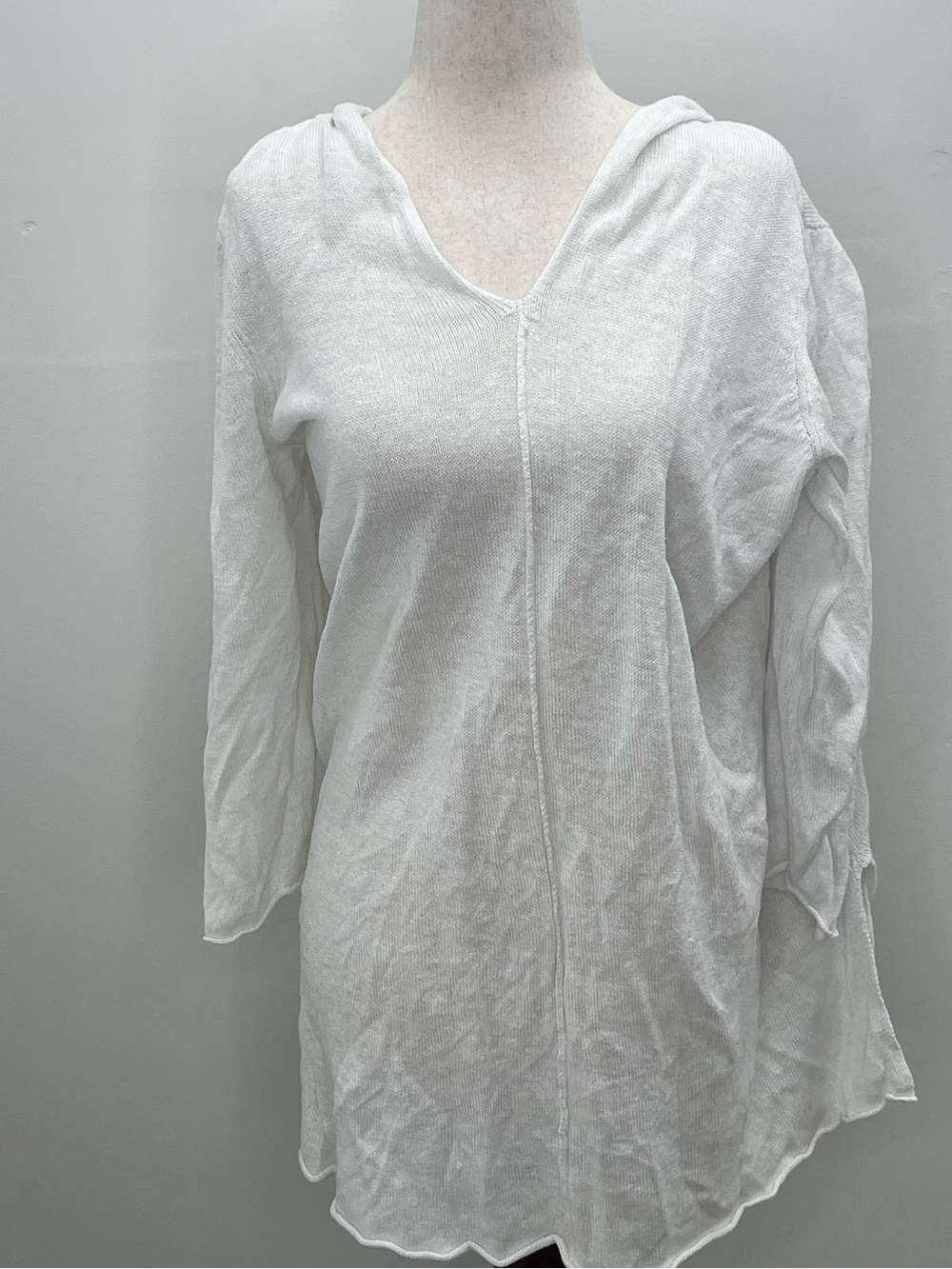 Eileen Fisher Women’s White 100% Organic Linen V-Neck Hooded Tunic Sweater XL